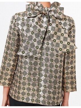 Tuckernuck Faye Blouse Champagne Toast Gold Jacquard Ruffle Bow